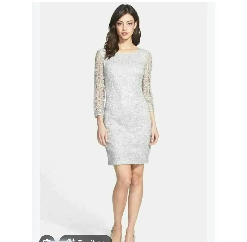 Adrianna Papell Lace Overlay Dress Metallic Sequin Long Sleeve 12 Formal Evening